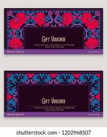 Floral pattern in art nouveau style, vintage, old, retro style. Gift voucher. Colored vector illustration. In red and blue colors.