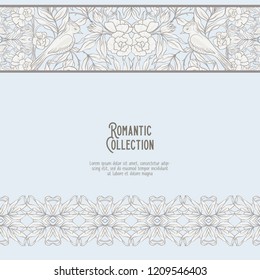 Floral pattern in art nouveau style, vintage, old, retro style. Template for invitation, greeting card banner, gift voucher with place for text. Colored vector illustration. In soft blue colors.
