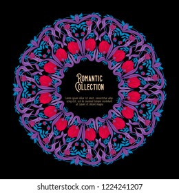 Floral pattern in art nouveau style, vintage, old, retro style. Template for invitation, greeting card banner, gift voucher with place for text. Vector illustration. In red, pink, blue colors
