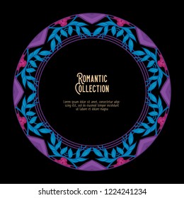 Floral pattern in art nouveau style, vintage, old, retro style. Template for invitation, greeting card banner, gift voucher with place for text. Vector illustration. In red, pink, blue colors
