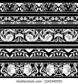 Floral pattern in art nouveau style, vintage, old, retro style. Template for invitation, greeting card, banner, gift voucher with place for text. Black-and-white graphics. 
