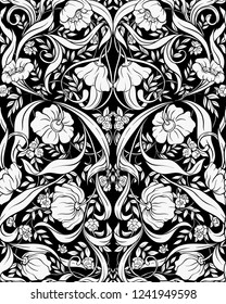 Floral pattern in art nouveau style, vintage, old, retro style. Template for invitation, greeting card, banner, gift voucher with place for text. Black-and-white graphics. 
