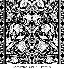 Floral pattern in art nouveau style, vintage, old, retro style. Template for invitation, greeting card, banner, gift voucher with place for text. Black-and-white graphics. 
