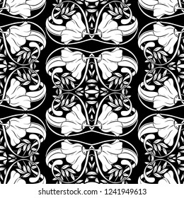 Floral pattern in art nouveau style, vintage, old, retro style. Template for invitation, greeting card, banner, gift voucher with place for text. Black-and-white graphics. 

