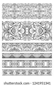 Floral pattern in art nouveau style, vintage, old, retro style. Set of decorative elements for design. Outline hand drawing vector illustration.