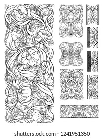 Floral pattern in art nouveau style, vintage, old, retro style. Set of decorative elements for design. Outline hand drawing vector illustration.