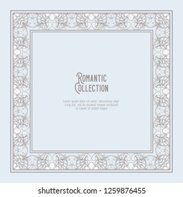Floral pattern in art nouveau style, vintage, old, retro style. Template for invitation, greeting card banner, gift voucher with place for text. Vector illustration. In vintage blue and beige colors.
