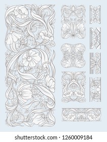 Floral pattern in art nouveau style, vintage, old, retro style. Set of decorative elements for design. Colored vector illustration. In vintage blue and beige colors.
