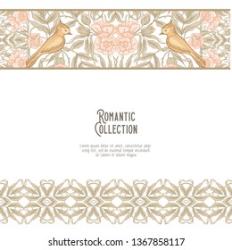 Floral pattern in art nouveau style, vintage, old, retro style. Template for invitation, greeting card banner, gift voucher with place for text. Vector illustration. In soft orange and green colors
