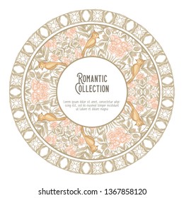 Floral pattern in art nouveau style, vintage, old, retro style. Template for invitation, greeting card banner, gift voucher with place for text. Vector illustration. In soft orange and green colors
