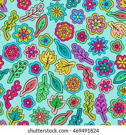 Floral pattern. Autumn doodles wallpaper. Spring flowers and leaves ornament texture. Pencil effect pattern. Vector illustration for textile fabric and printed products.