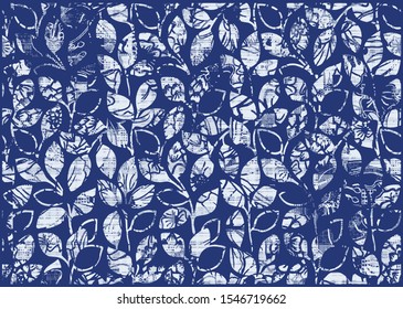 Patrón floral, azul, azul, índigo silueta hojas de la planta con el té y el efecto de parche en el fondo blanco, tema vintage pastel