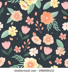Floral pattern backdrop decorated with gorgeous multicolored blooming flowers and leaves border. Seamless botanical flat vector illustration on dark background.