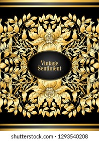 Floral  pattern, background  In art nouveau style, vintage, old, retro style. In gold and black. Good for the cover of a notebook, tablet, phone,  product label.
Vector illustration in gold colors. 

