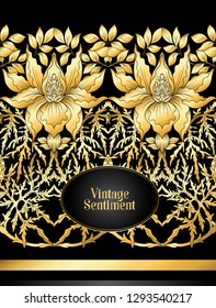 Floral  pattern, background  In art nouveau style, vintage, old, retro style. In gold and black. Good for the cover of a notebook, tablet, phone,  product label.
Vector illustration in gold colors. 

