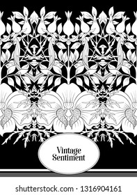 Floral  pattern, background  In art nouveau style, vintage, old, retro style.  Good for the cover of a notebook, tablet, phone,  product label. Black and white graphics. Vector illustration.

