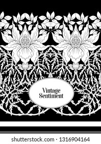 Floral  pattern, background  In art nouveau style, vintage, old, retro style.  Good for the cover of a notebook, tablet, phone,  product label. Black and white graphics. Vector illustration.

