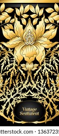 Floral  pattern, background  In art nouveau style, vintage, old, retro style. In gold and black. Good for the cover of a notebook, tablet, phone,  product label. Vector.

