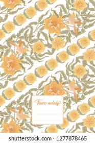 Floral  pattern, background  with birds In art nouveau style, vintage, old, retro style. In gold and black. Good for the cover of a notebook, tablet, phone,  product label. Vector illustration.

