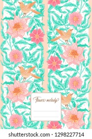 Floral  pattern, background  with birds In art nouveau style, vintage, old, retro style. In gold and black. Good for the cover of a notebook, tablet, phone,  product label. Vector illustration.

