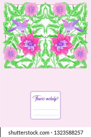 Floral  pattern, background  with birds In art nouveau style, vintage, old, retro style. In gold and black. Good for the cover of a notebook, tablet, phone,  product label. Vector illustration.

