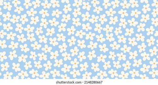 Floral pattern background border. Vector tossed seamless repeat design border element of blue hand drawn flowers.