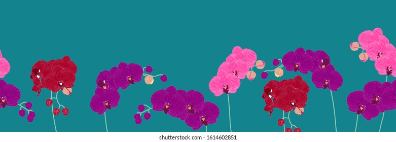 Floral pattern background and borders with pink, red and purple orchids. Exotic tropical floral frame border seamless pattern. Great for wallpaper, gifts, textile, silk, packaging design.