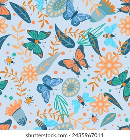 Floral pattern background with butterflies and bugs. Vector illustration. Nature, summer concept