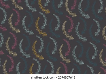 Floral pattern background with colorful leafy stalk within a dark background.