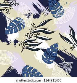 Floral pattern background. Flowers and leaves on abstract brush background