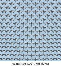 Plano de fundo padrão floral com flores cinzentas e folhas em fundo azul