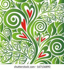 Floral pattern background with hearts green and red vector illustration