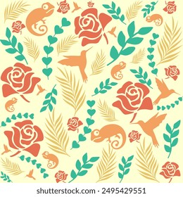 Floral Pattern, Background Light yellow, Birds and lizards, light brown, green and brown leaves, dark orange roses Seamless.