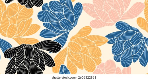 Floral Pattern Background Line Art Style. Flowers Seamless Pattern. Botanical Pattern Background for Fabric, Textile, Surface Design. Vector Illustration. Not AI