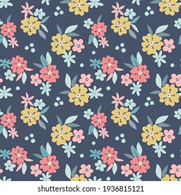 Floral pattern background. Multi-directional seamless repeat design of cute hand drawn flower bouquets and leaves. Vector nature design. Decorative resource.