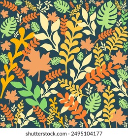 Floral Pattern, Background Navy blue,  Colorful summer leaves Seamless.