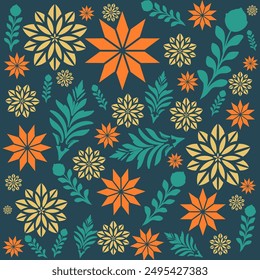 Floral Pattern, Background Pattern Navy blue, Flower shape, dark green, light yellow, orange Seamless.