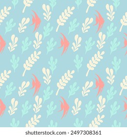 Floral Pattern, Background Pastel blue, Green leaves, yellow pastel, Brown fish Seamless.