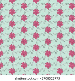 Fondo de patrón floral con flores y ramas de color rosa sobre fondo turquesa