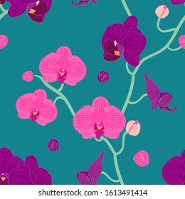 Floral pattern background with pink and purple orchids. Exotic tropical flowers. Great for wallpaper, gifts, textile, silk, packaging design.