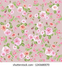 Floral pattern background with pink roses. Repeating vintage seamless pattern.