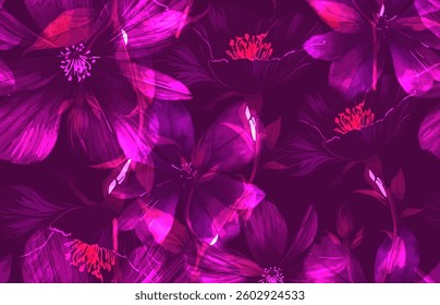 Floral Pattern Background. Purple Flowers Seamless Pattern Watercolor Style. Botanical Pattern Background for Fabric, Textile, Surface Design. Vector Illustration