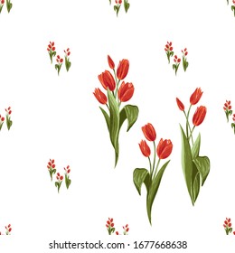 Floral pattern background with red tulip bouquet. Vector seamless print with blossom flowers. Hand drawn digital illustration in watercolor style.