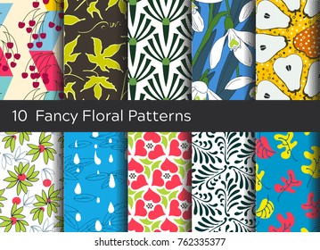 Floral pattern background set. Ornaments with stylized leaves, flowers and fruits