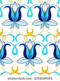 Floral pattern, background, texture, pattern with petals and twigs of blue and yellow. Sicily, Provence, southern ornament. Decorative rosette, tile. Interior decor