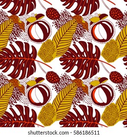 Floral pattern background. Tropical leaves and fruits, exotic print.
