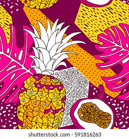 Floral pattern background. Tropical leaves and fruits, exotic print.