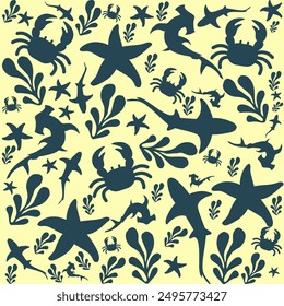 Floral pattern, Background  yellow Pastel, Shark, starfish, crab, aquatic plants, navy blue Seamless.