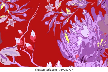 Floral pattern background.Japanese flowers.Vintage fashion.Botanical texture for textile,fabric,wallpaper decor,cover prints design.T-shirt design.Vector illustration.