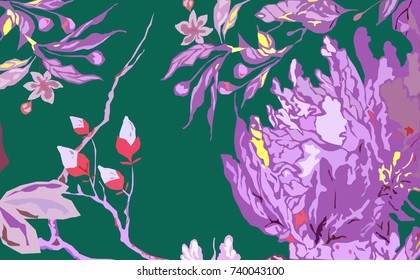 Floral pattern background.Japanese flowers.Vintage fashion.Botanical texture for textile,fabric,wallpaper decor,cover prints and t-shirt design.Vector illustration.